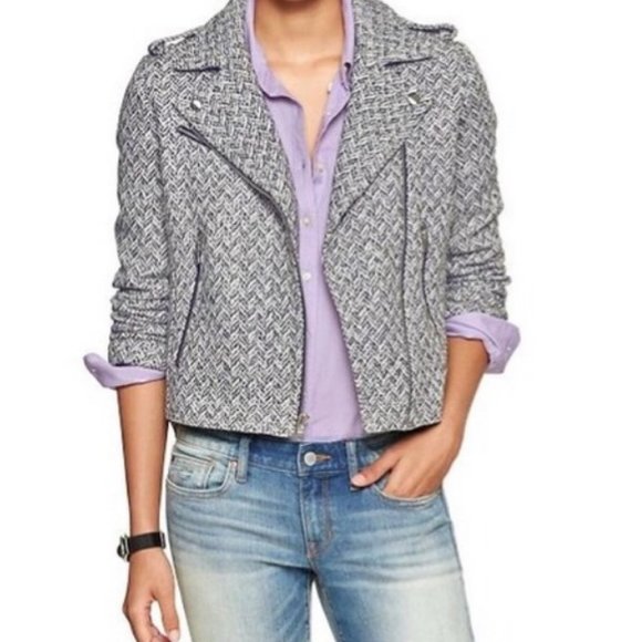 GAP Jackets & Blazers - Gap Wool Moto Jacket Black White Knit Herringbone